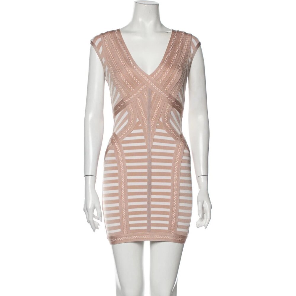 HERVE LEGER Katina Cream Stretch Striped Jacquard Knit Mini Dress - Small